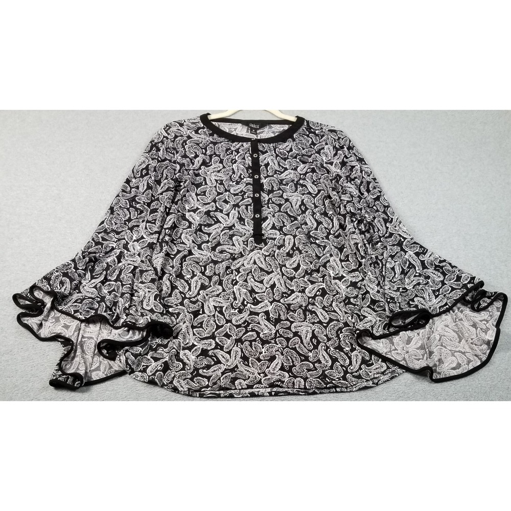 Investments Blouse Women's Medium M Black White Paisley Long Bell Sleeve Stretch